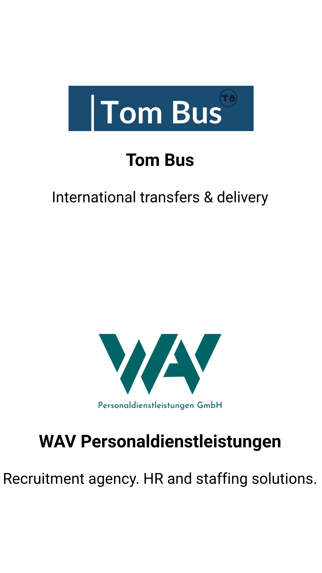 Tom Bus — international transfers and delivery. WAV Personaldienstleistungen — recruitment agency, HR and staffing solutions.